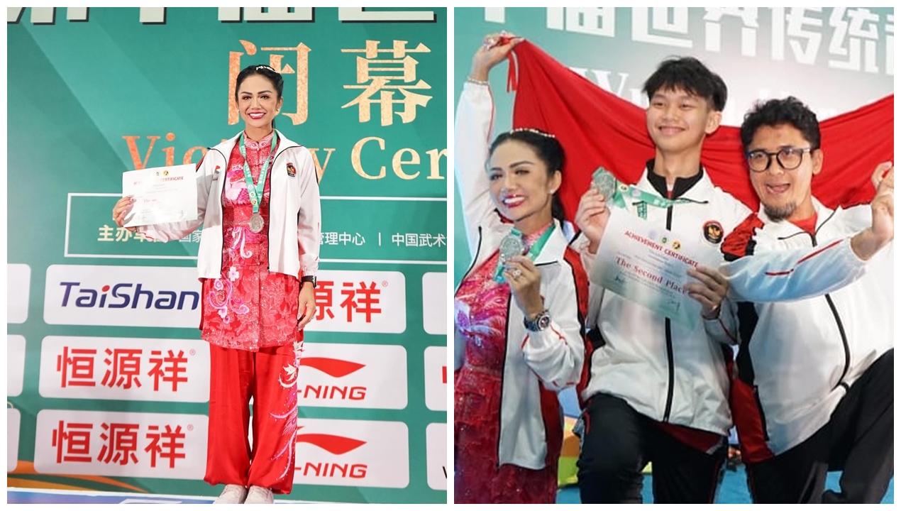 Kerja keras 4 tahun terbayarkan, 6 potret Krisdayanti pulang dari Tiongkok bawa perak kejuaraan wushu