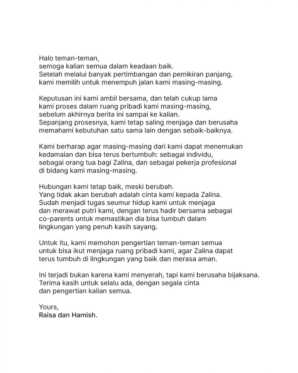 5 Isi surat terbuka Raisa soal perceraian, singgung harapan masing-masing temukan kedamaian