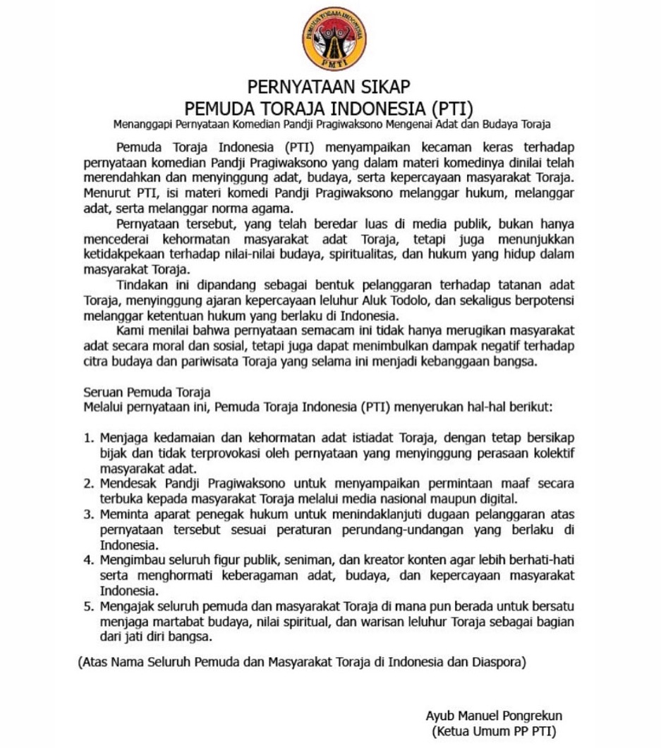 5 Kronologi Pandji Pragiwaksono dikecam usai lawakannya singgung adat Toraja, siap jalani proses hukum