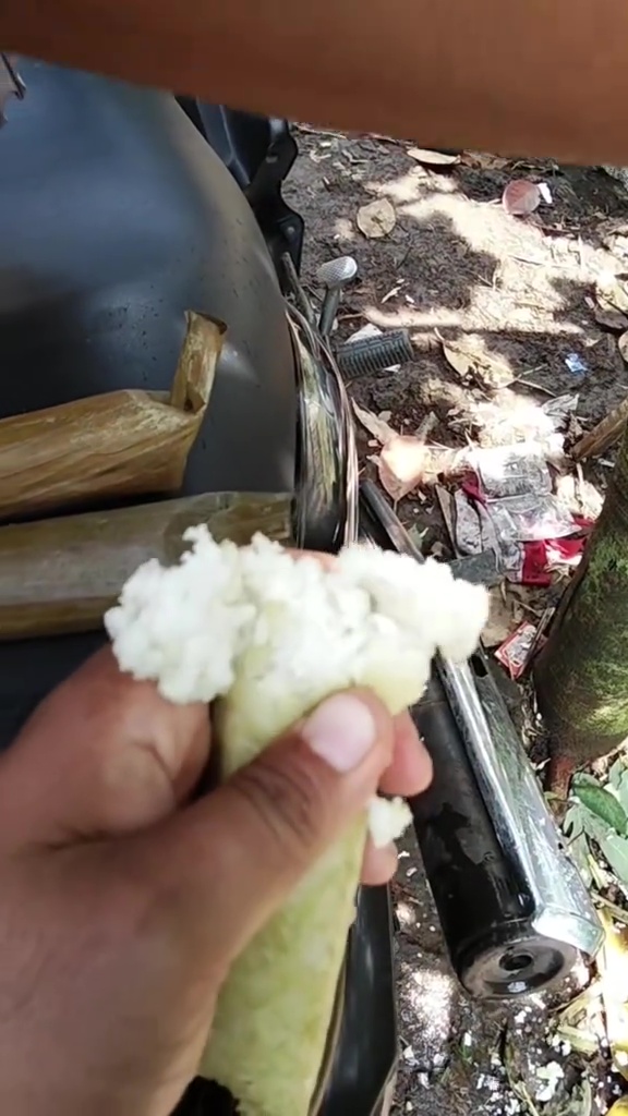 Bikin heran, momen wanita perlihatkan lontong palsu, dibungkus daun pisang tapi isinya styrofoam