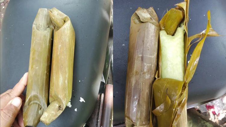 Bikin heran, momen wanita perlihatkan lontong palsu, dibungkus daun pisang tapi isinya styrofoam