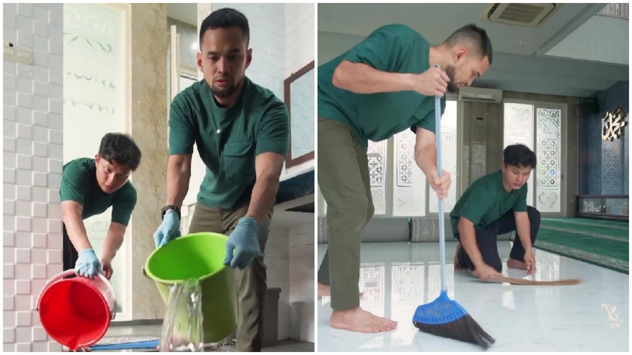 9 Potret Teuku Wisnu sukarela bersihkan masjid di Jakarta Selatan, tak jijik sikat WC yang kotor