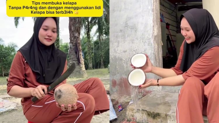 Tanpa parang atau pisau, wanita ini punya trik unik membuka kelapa cuma dengan lidi, begini caranya