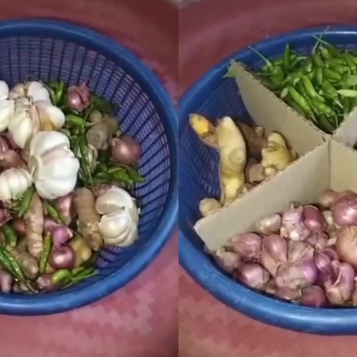 Cuma pakai 1 baskom, ini cara simpan aneka bawang dan cabai biar tak tercampur