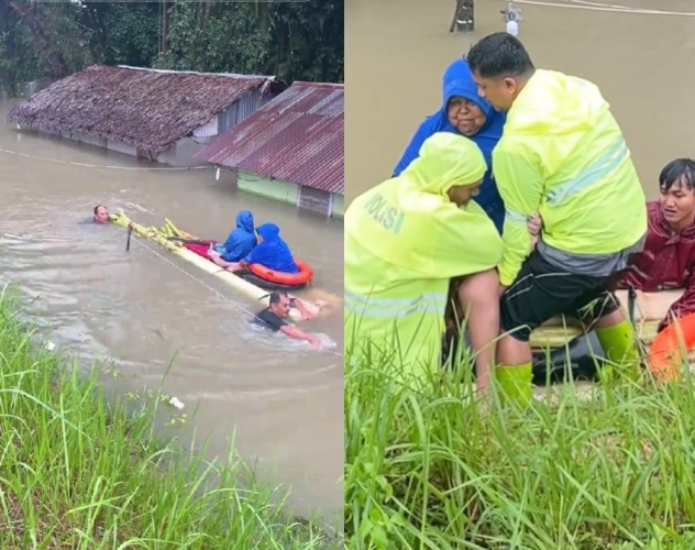 Aksi heroik Kapolsek Pangkalan Brandan Sumut evakuasi warga terjebak banjir, andalkan batang pisang