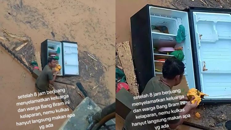 Momen haru pria santap makanan dari kulkas yang hanyut saat banjir, lahap usai evakuasi keluarga 8 jam