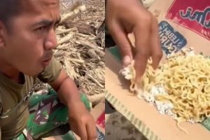 Cuma berwadah kardus, potret sederhana prajurit TNI lahap makan mi dan nasi saat misi SAR