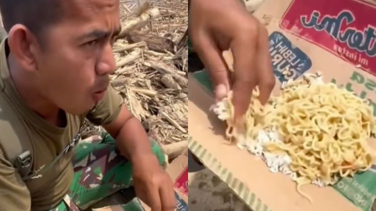 Cuma berwadah kardus, potret sederhana prajurit TNI lahap makan mi dan nasi saat misi SAR