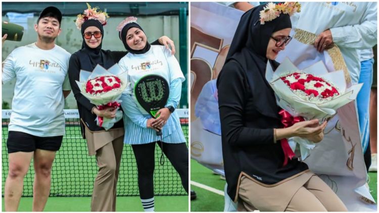 9 Potret Inneke Koesherawati dapat kejutan ultah ke-50 di lapangan padel, sampai heran liat konsepnya