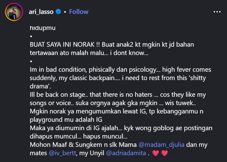 Jengah dengan drama cintanya bareng Dearly Joshua, Ari Lasso kini umumkan putus, pilih fokus karier