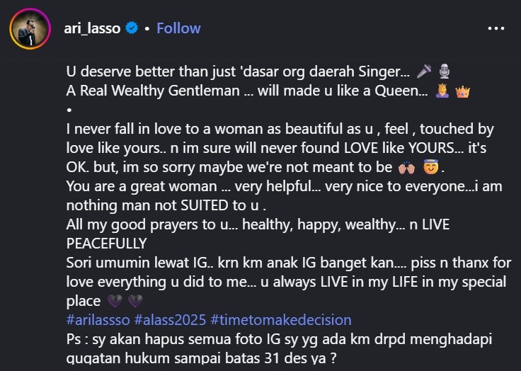 Jengah dengan drama cintanya bareng Dearly Joshua, Ari Lasso kini umumkan putus, pilih fokus karier