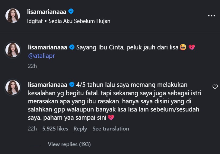 Lisa Mariana kirim DM ke Atalia usai gugat cerai Ridwan Kamil, akui kesalahannya dulu fatal