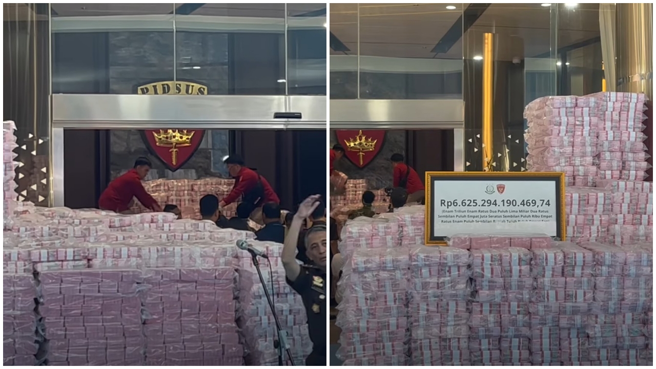 Penampakan 'gunung' uang Rp6,62 T sitaan Kejagung yang penuhi pintu gedung, diserahkan ke pemerintah