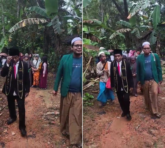 Tetangga kampung rayakan gelar profesi guru pria ini, warga berbaris mengiringi sepanjang jalan desa