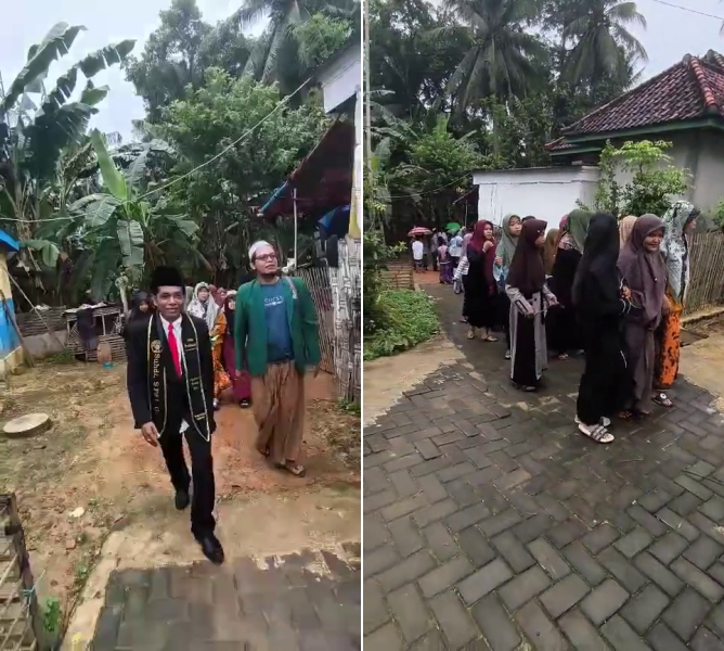 Tetangga kampung rayakan gelar profesi guru pria ini, warga berbaris mengiringi sepanjang jalan desa