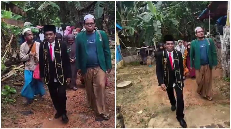 Tetangga kampung rayakan gelar profesi guru pria ini, warga berbaris mengiringi sepanjang jalan desa