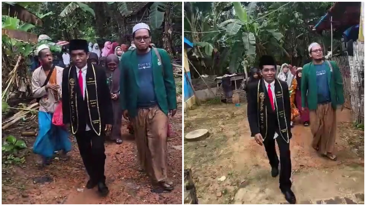 Tetangga kampung rayakan gelar profesi guru pria ini, warga berbaris mengiringi sepanjang jalan desa