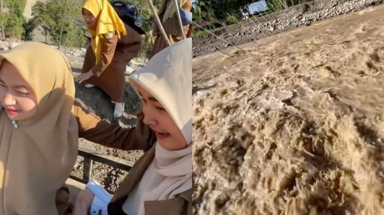 Momen menegangkan guru di Aceh seberangi sungai pakai tali sling demi masuk sekolah