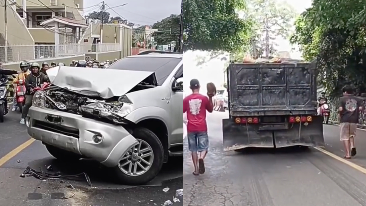Aksi heroik istri polisi korbankan Fortuner demi tahan truk mundur karena patah as roda