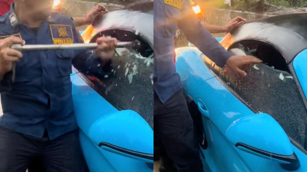 Kunci ketinggalan di dalam Porsche 5 jam, pria ini terpaksa panggil petugas Damkar pecahkan kaca