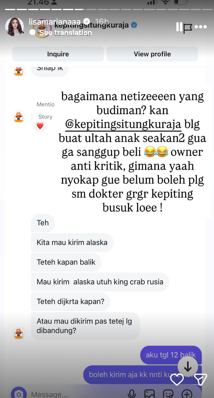 Kronologi Lisa Mariana sekeluarga keracunan kepiting Alaska, ibunda sampai dirawat di rumah sakit