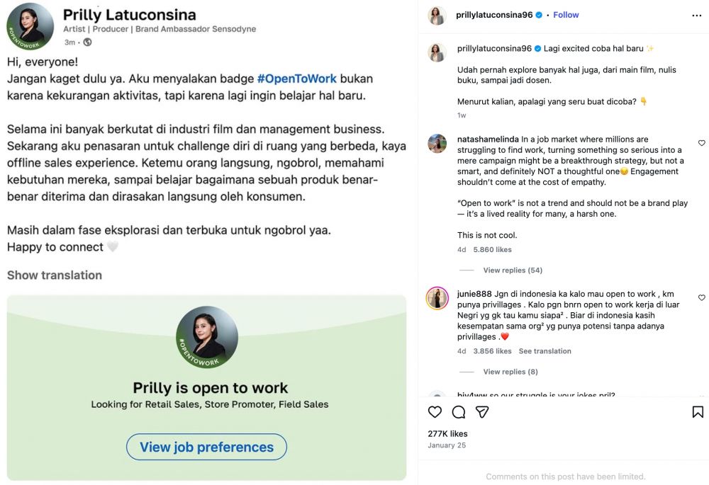 Prilly Latuconsina ngaku tak ingin ambil jatah job seeker usai dirujak tak peka fenomena dunia kerja
