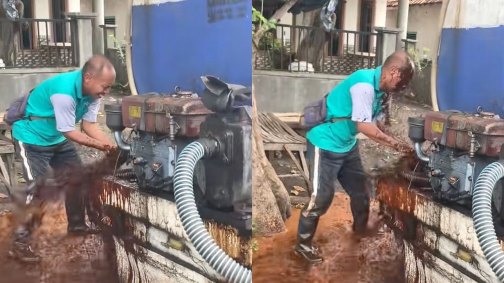 Momen sopir truk tangki berjuang tutup kebocoran tetes tebu hingga wajah terguyur cairan