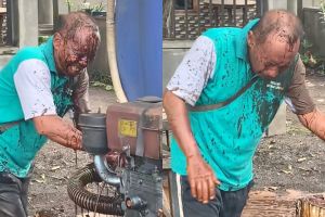 Momen sopir truk tangki berjuang tutup kebocoran tetes tebu hingga wajah terguyur cairan