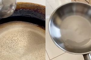 Cara praktis bersihkan wajan stainless steel yang gosong setelah masak takjil