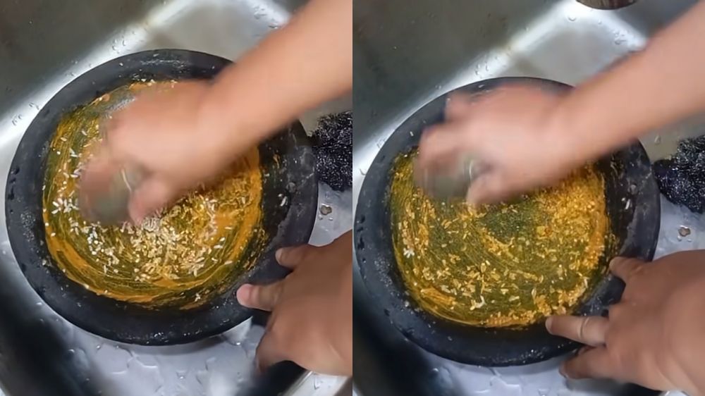 Trik bersihkan sisa kunyit pada cobek batu tanpa sabun berlebih