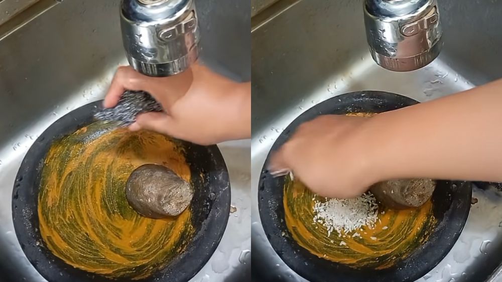 Trik bersihkan sisa kunyit pada cobek batu tanpa sabun berlebih