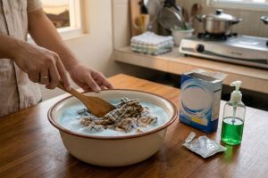 Lap dapur di rumahku sudah dekil dan licin, ternyata cukup pakai 2 bahan untuk bersihkannya