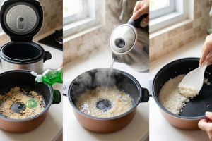 Kirain harus direndam lama, ternyata modal air panas doang panci rice cooker bebas kerak nasi