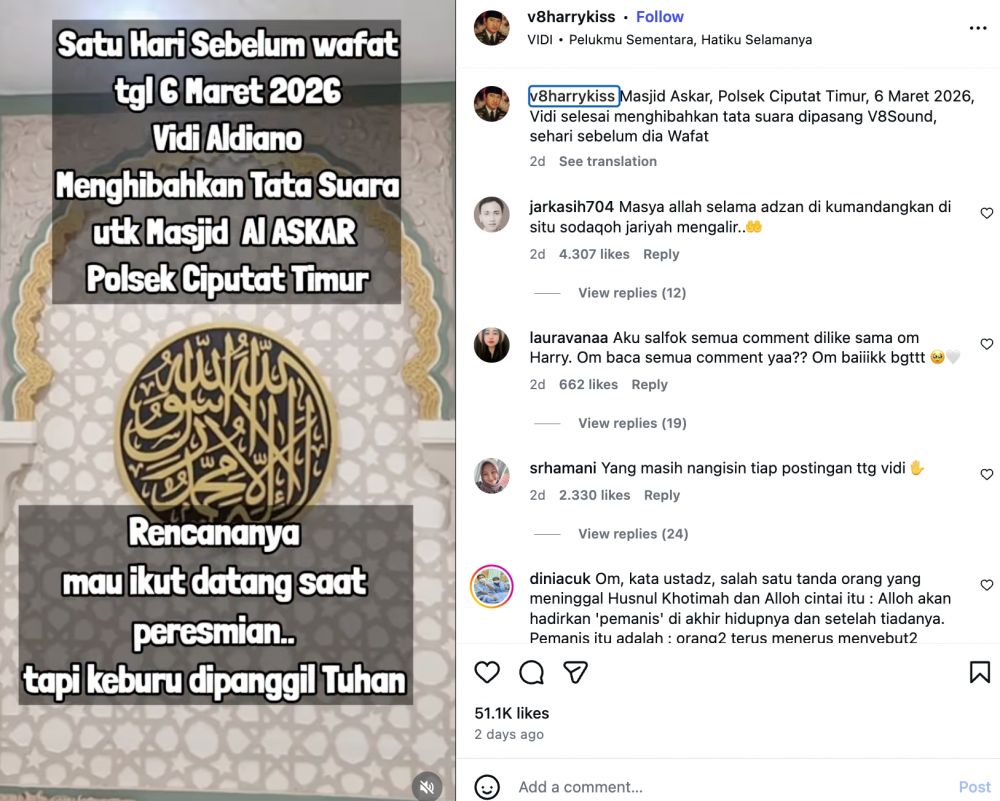 Vidi Aldiano donasi audio system  Instagram @v8harrykiss