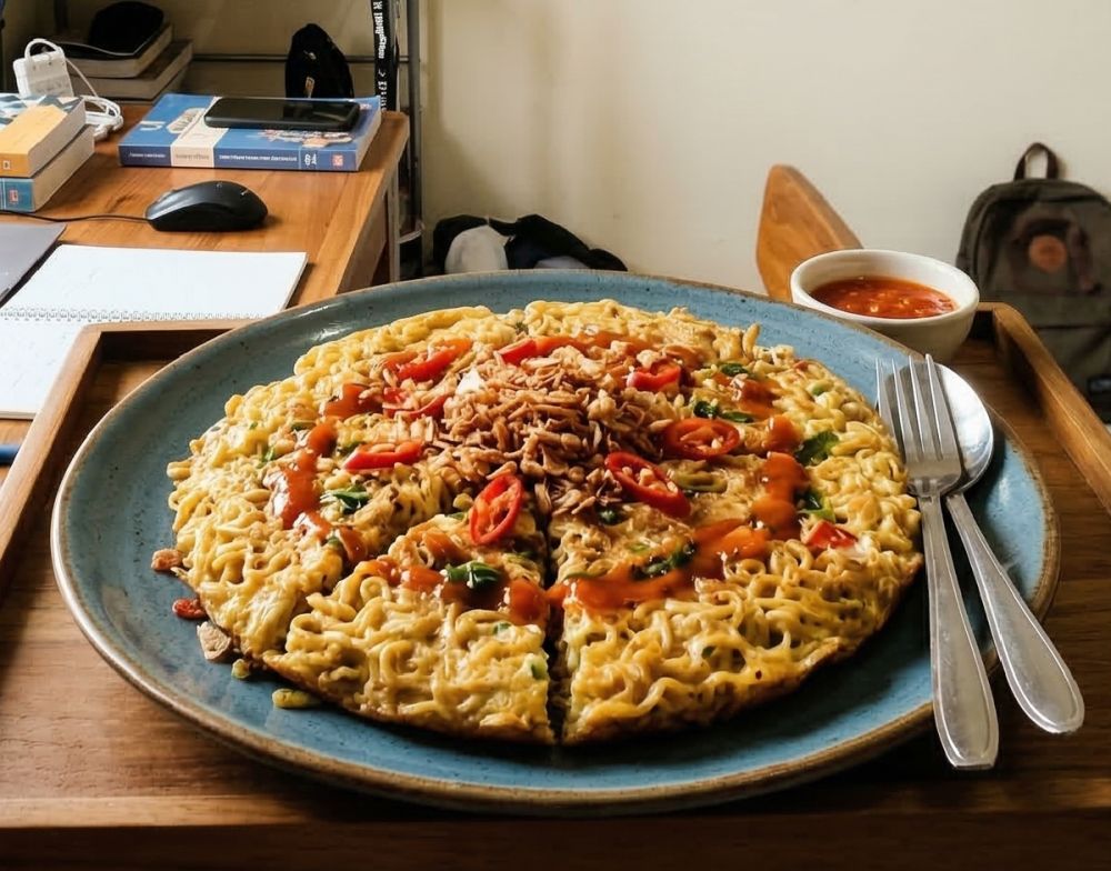 Abang warmindo samping kos pada mudik? Yuk cobain resep omelet mie lezat dengan bahan seadanya di kos