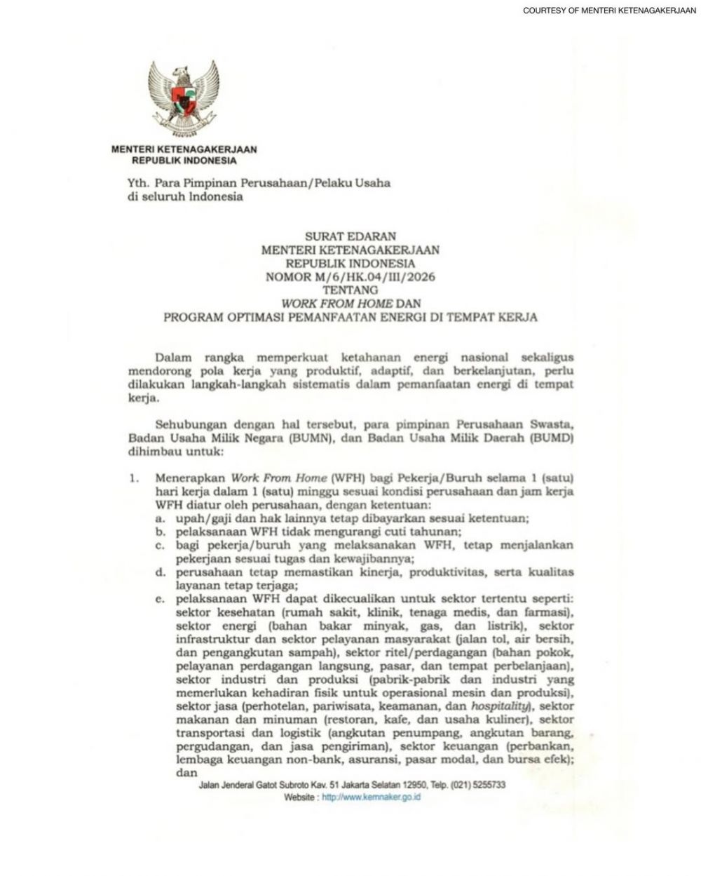 Aturan WFH swasta, BUMN, & BUMD per 1 April 2026, simak 5 syarat utamanya