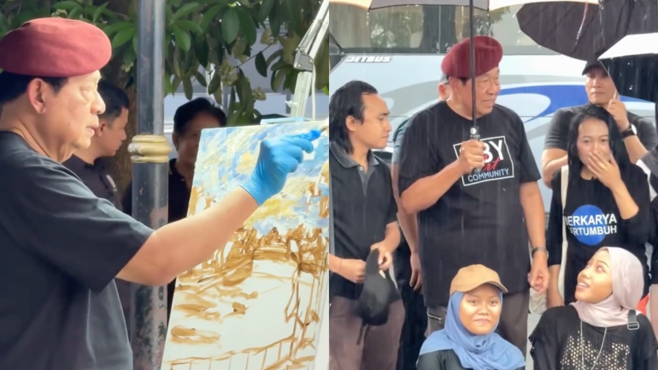 11 Potret semangat SBY melukis di tepi Bengawan Solo meski diguyur hujan