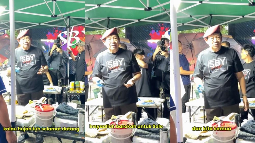 11 Potret semangat SBY melukis di tepi Bengawan Solo meski diguyur hujan