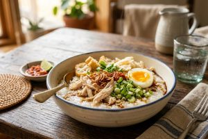 Resep bubur ayam gurih lembut ala kaki lima, rahasia kaldu meresap sempurna