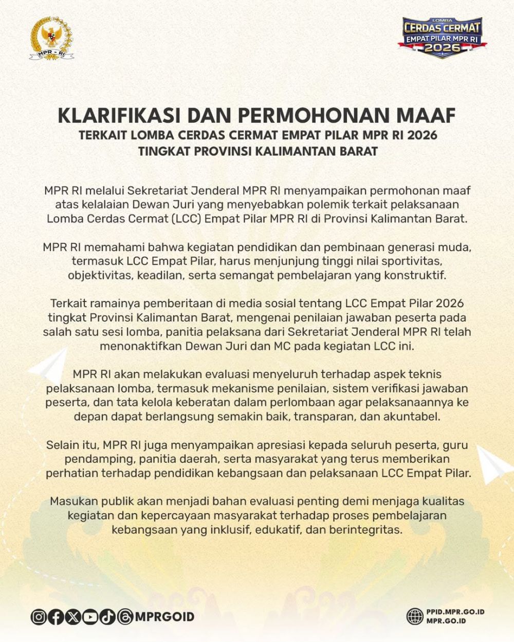 Sanksi tegas, MPR RI resmi nonaktifkan juri dan MC Lomba Cerdas Cermat 4 Pilar 2026