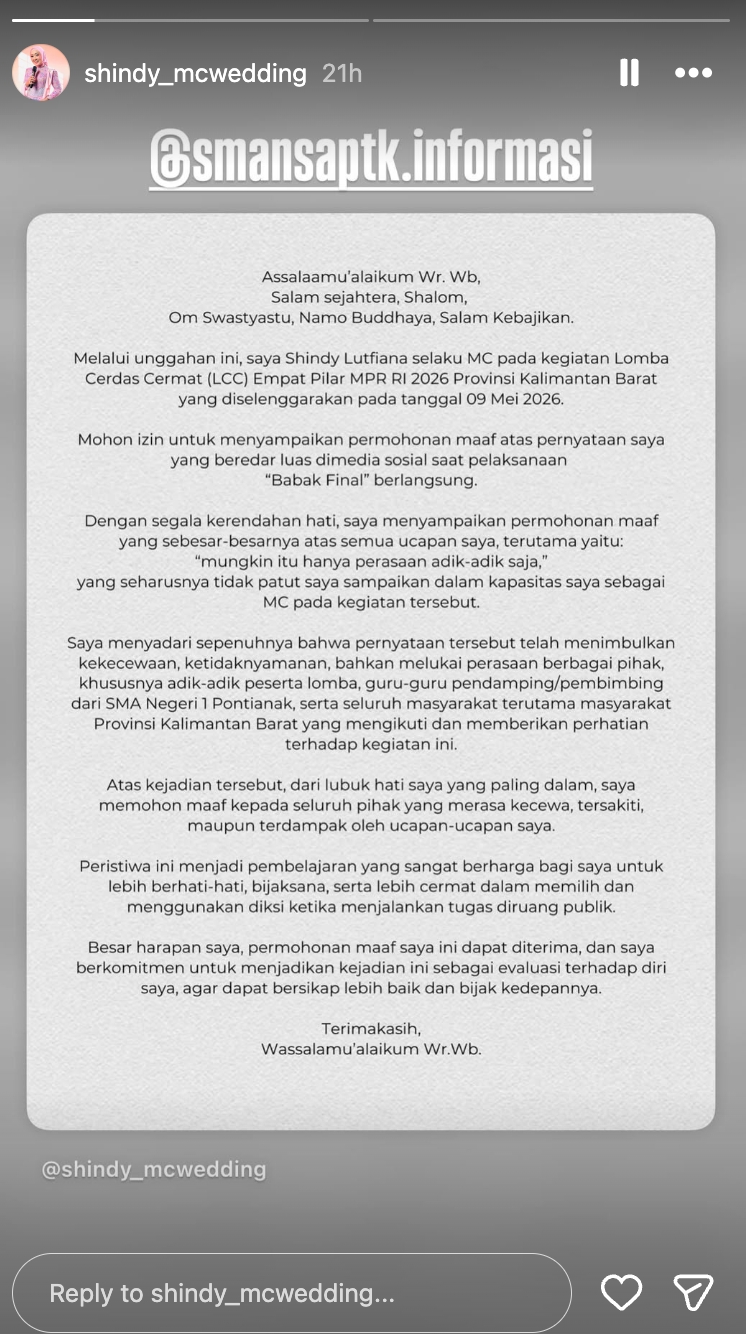 Permohonan maaf MC Lomba Cerdas Cermat 4 Pilar MPR usai ucapan 'Hanya Perasaan' viral di media sosial