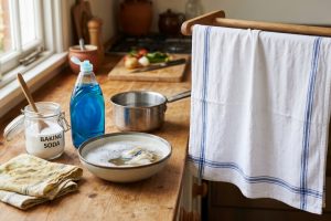Cara menghilangkan noda minyak membandel di lap dapur dengan baking soda dan sabun cuci piring