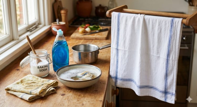 Cara menghilangkan noda minyak membandel di lap dapur dengan baking soda dan sabun cuci piring