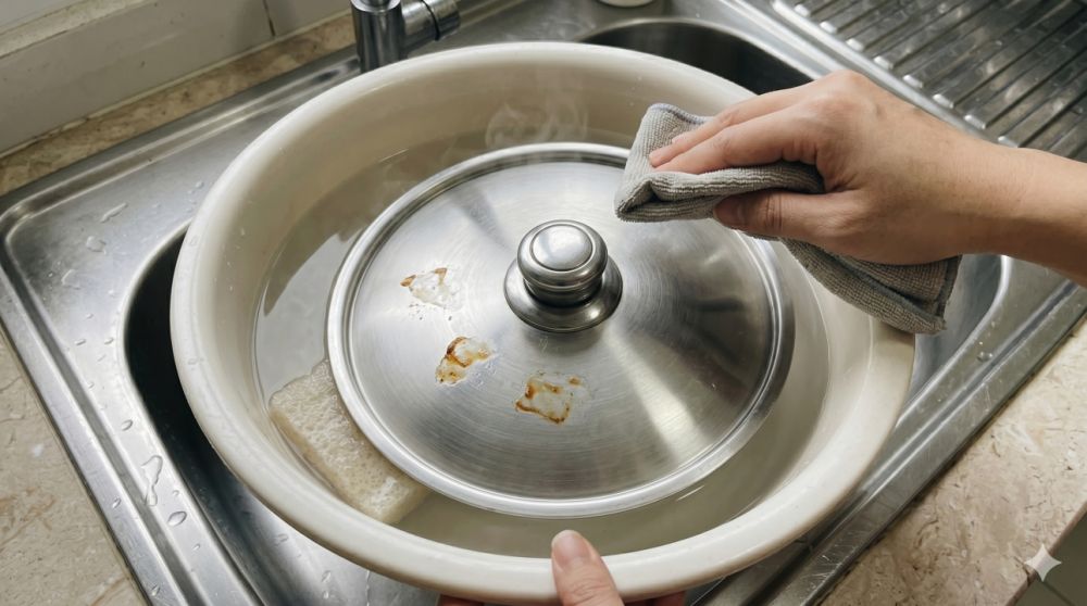Jangan langsung disiram air! Ini langkah betul membersihkan tutup panci jejak masak gulai