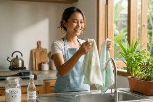 Cara ampuh cuci lap dapur bekas minyak agar bebas kuman dan bau apek