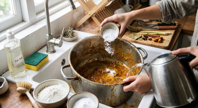 Hilangkan lemak gulai di panci tanpa gosok lama: Pakai air panas, tepung, dan baking soda