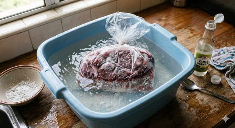 Daging beku susah dipotong dan lama cair? Rendam pakai air garam dan cuka, masak jadi sat set
