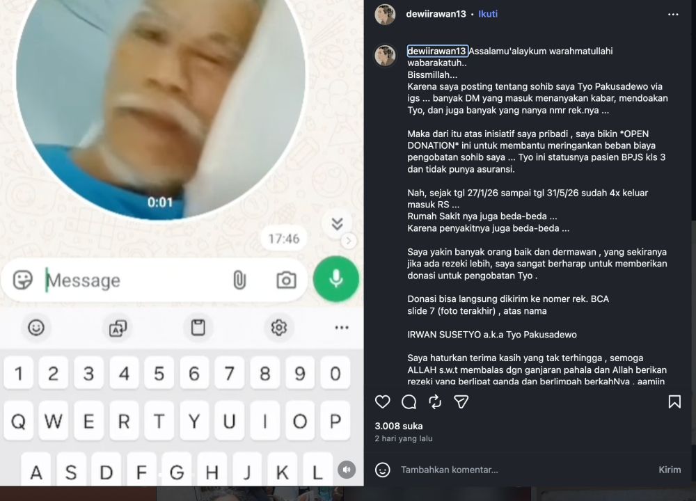 Tio Pakusadewo dirawat dan gunakan BPJS Kelas 3, Dewi Irawan galang donasi pengobatan untuk sahabat