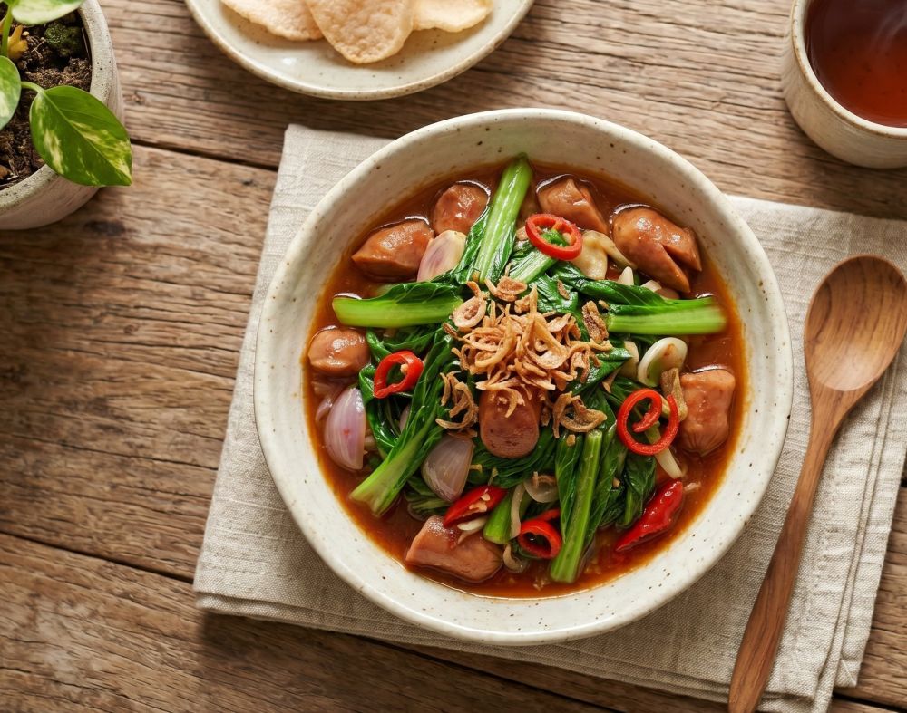 Cuma punya waktu 10 menit tapi ingin masak sayur? Coba resep tumis sawi hijau sosis pedas manis, yuk!