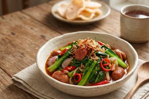 Cuma punya waktu 10 menit tapi ingin masak sayur? Coba resep tumis sawi hijau sosis pedas manis, yuk!